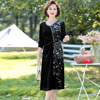 Các bà mẹ trung niên mặc váy dài tay của phụ nữ trung niên váy xuân thu váy dài trung niên