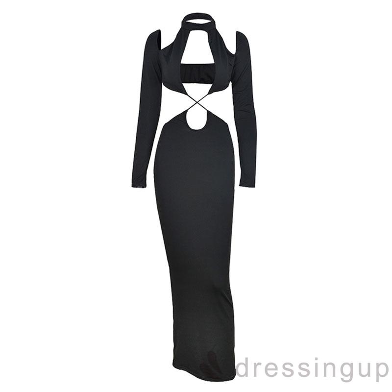 DRE-Women Cut Out Dress, Long Sleeve Halter Neck Solid Color Hollow Pleated Slim Fit Dress