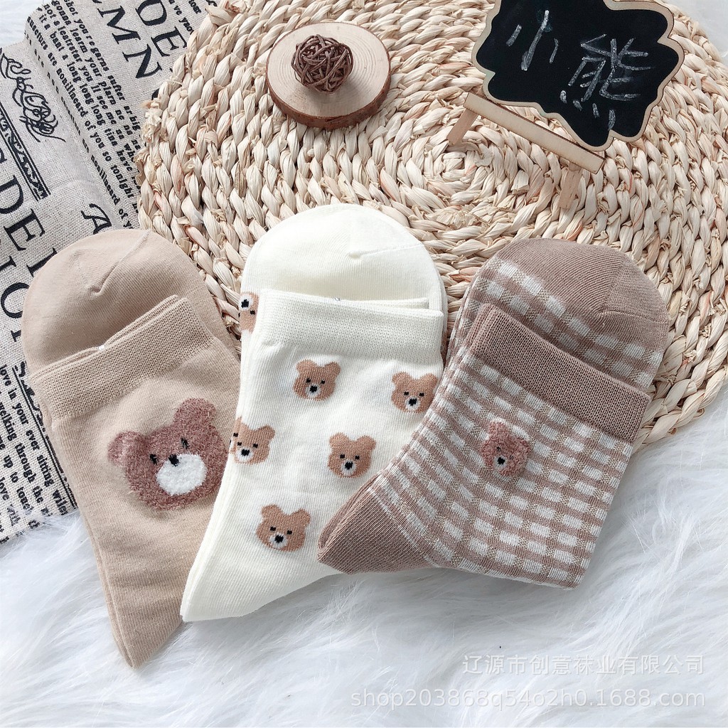 Tất nữ Cổ cao In hình Gấu Hoạt hình Dễ thương Nhật Bản Vớ Cổ cao nữ Cute Cotton