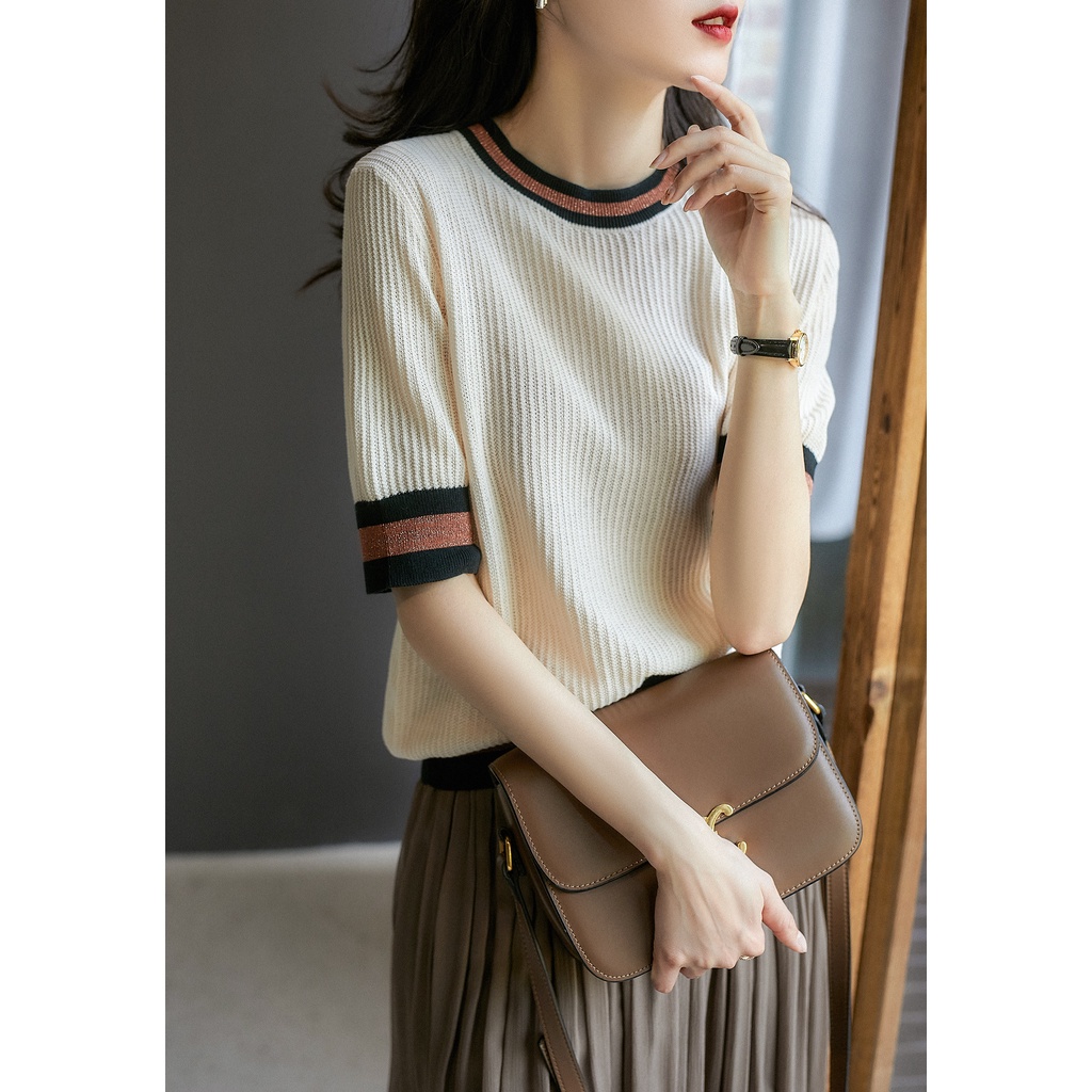 Thời Trang Áo Thun Dệt Kim Tay Ngắn In Hoa Phối Màu Tương Phản Dễ Thương