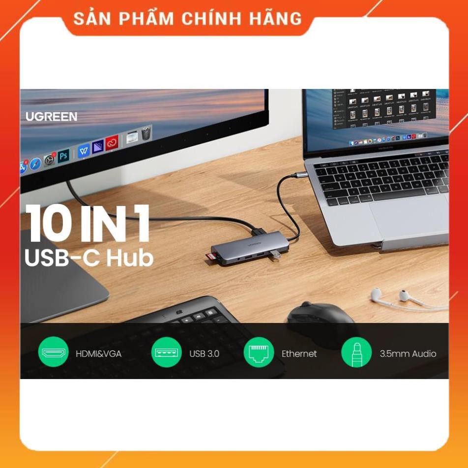 [CHÍNH HÃNG] Hub USB Type C tích hợp HDMI, VGA, 3.5mm, LAN, USB, Đọc Thẻ, Sạc USB C PD Ugreen 80133 bảo hành 18 tháng