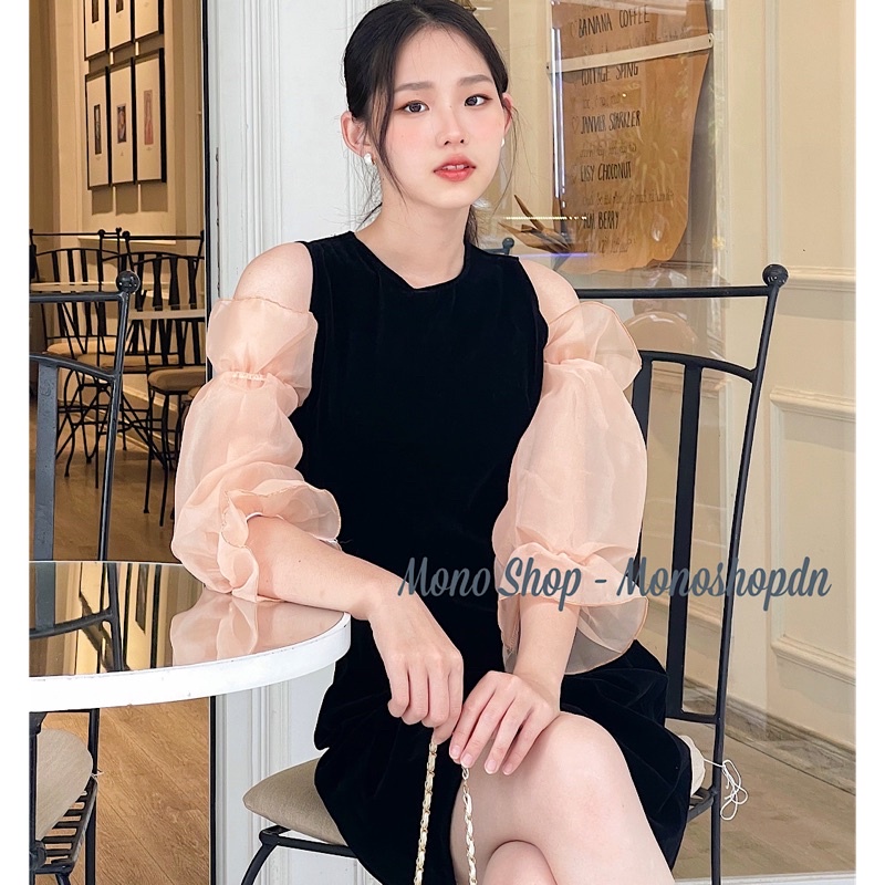 Đầm nhung đen nữ hở vai tay voan hồng dáng xoè nhẹ Ảnh thật/ sẵn
