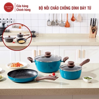 Bộ nồi chảo vân đá bếp từ cao cấp chống dính Cát á, size đáy từ 18-24cm, không kén bếp