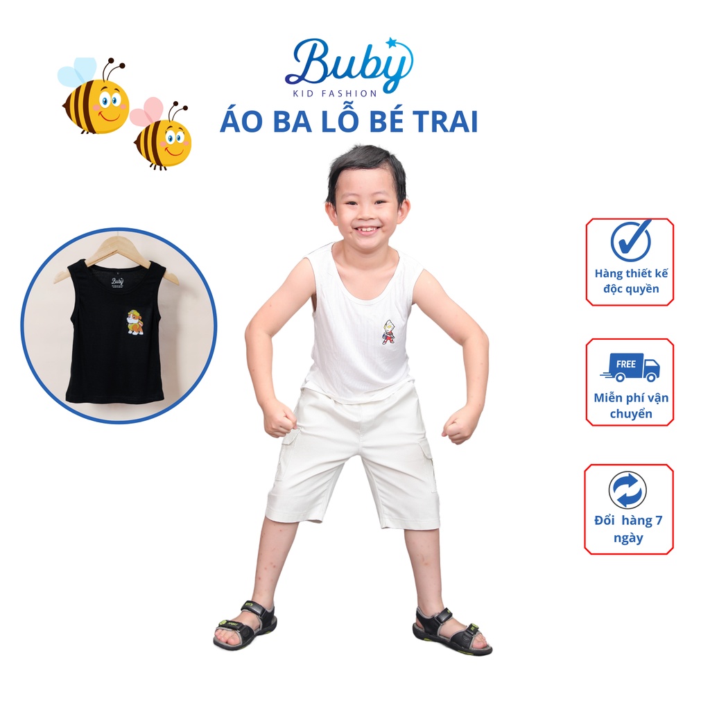 Áo ba lỗ bé trai, Áo ba lỗ in hình siêu nhân BUBY. Áo thun trắng 100 cotton hàn siêu mềm mát cho bé từ 1 2 3 4 5 6 tuôi