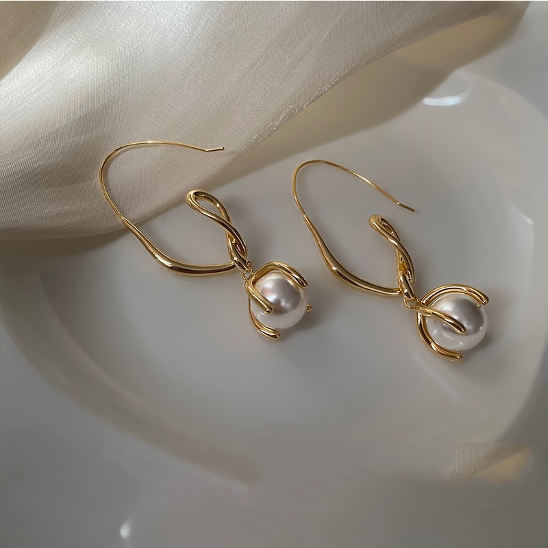 Khuyên tai 19A1576 dạng xoắn phối ngọc trai sang trọng cổ điển cá tính đơn giản hợp thời trang