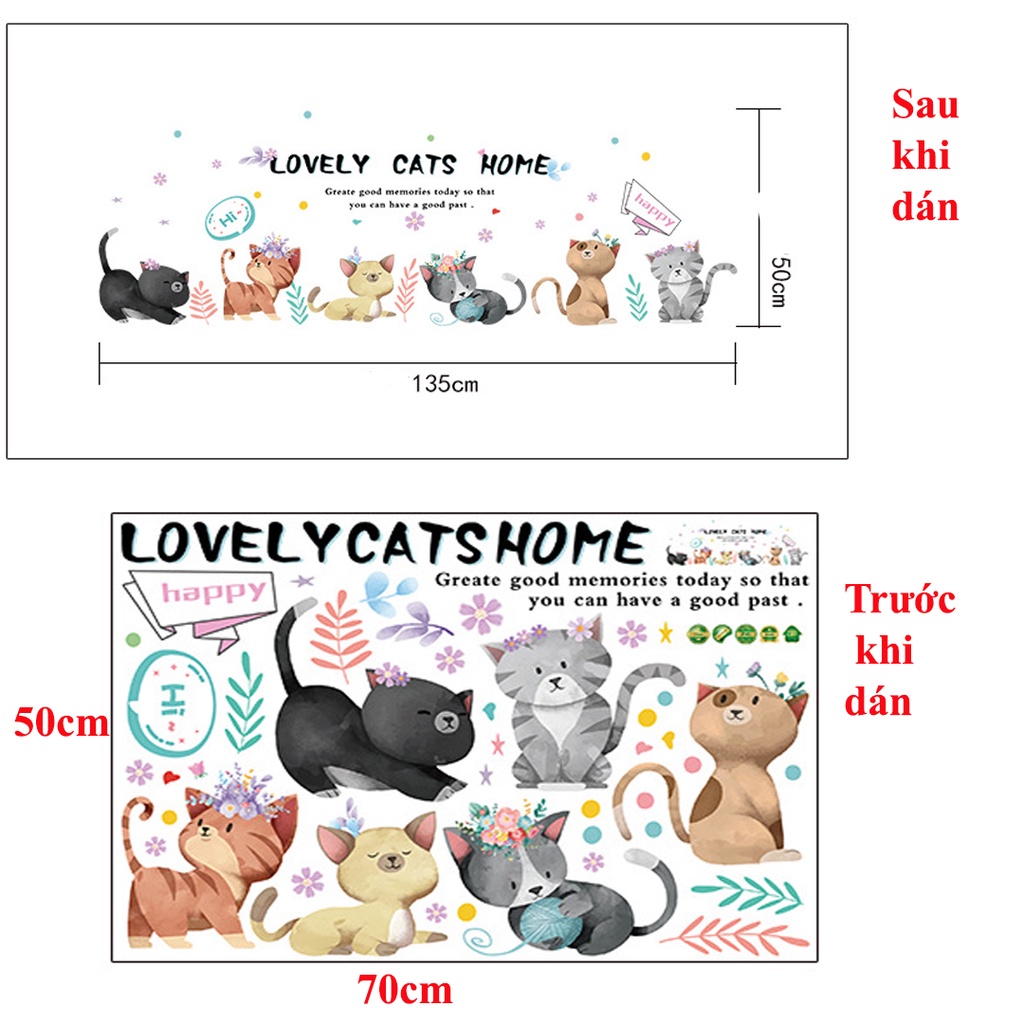 Decan dán tường, tranh dán tường hình chú mèo vui nhộn, trang trí phòng cho bé SK7184