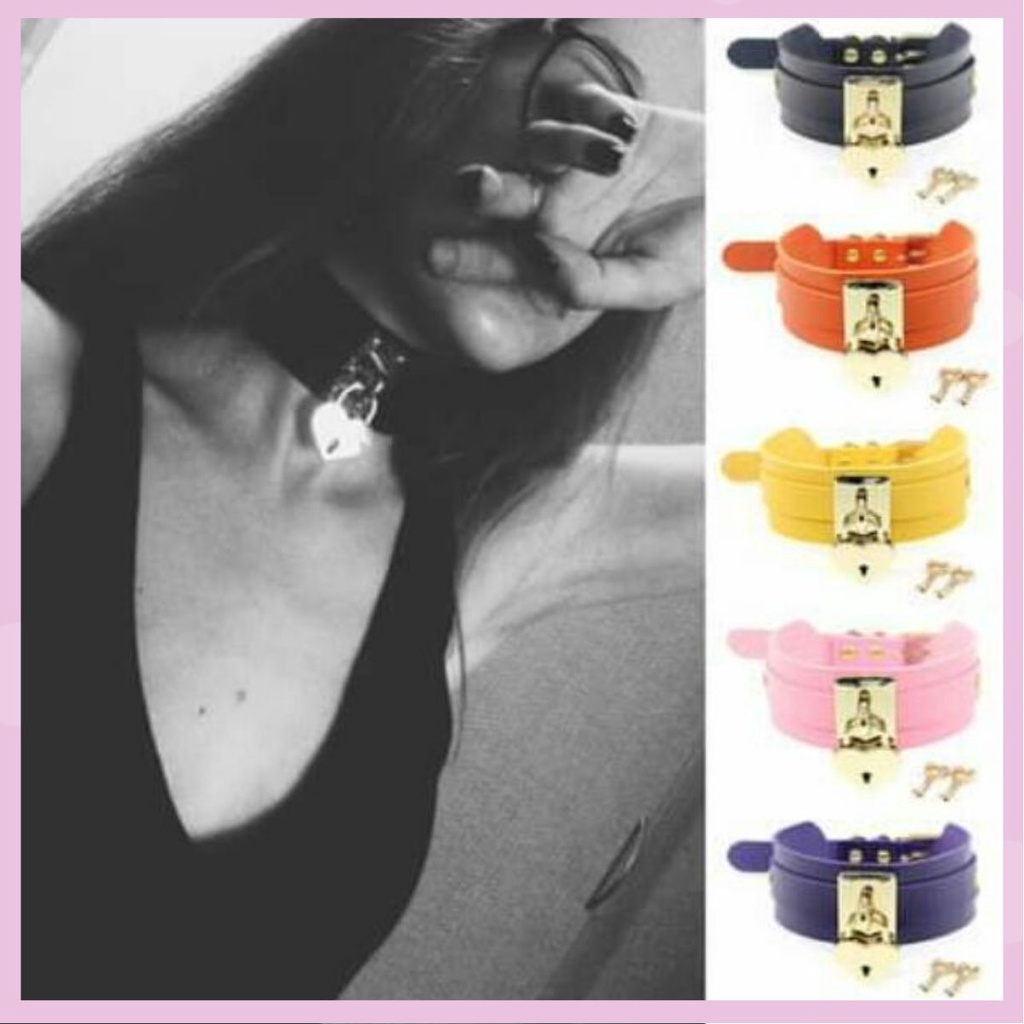 Choker cổ da lót nhung khóa trái tim kèm 2 chìa