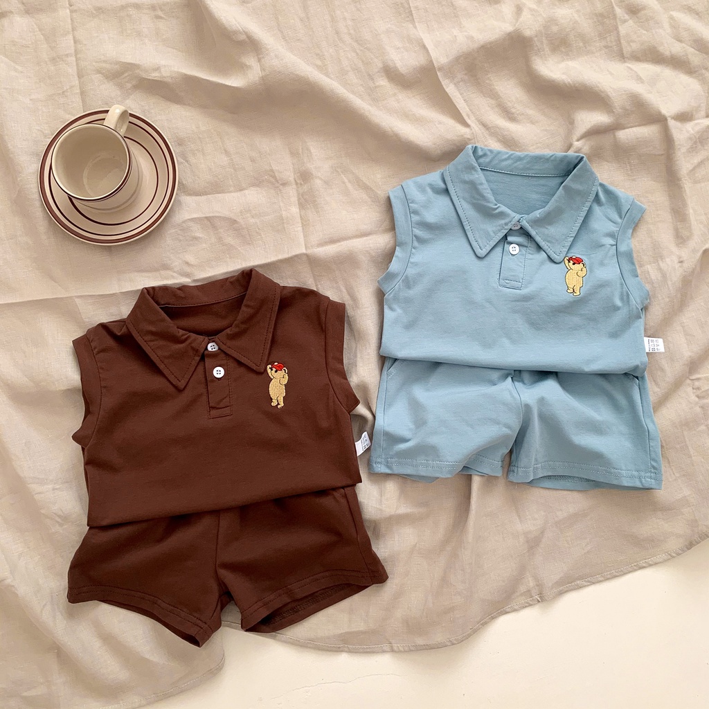 Set Đồ Đánh Golf Gồm Áo Polo Không Tay Họa Tiết Gấu + Quần Short Thời Trang Mùa Hè Cho Bé