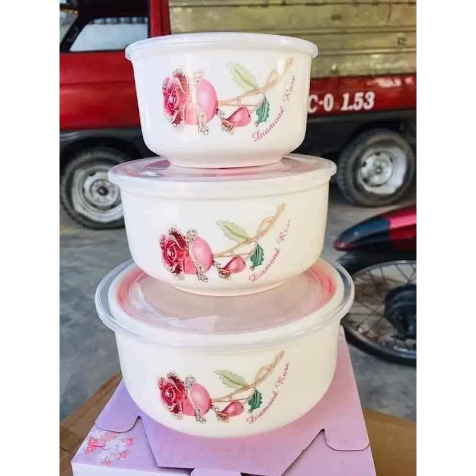 Bộ 3 thố sứ nắp nhựa - mẫu ngẫu nhiên