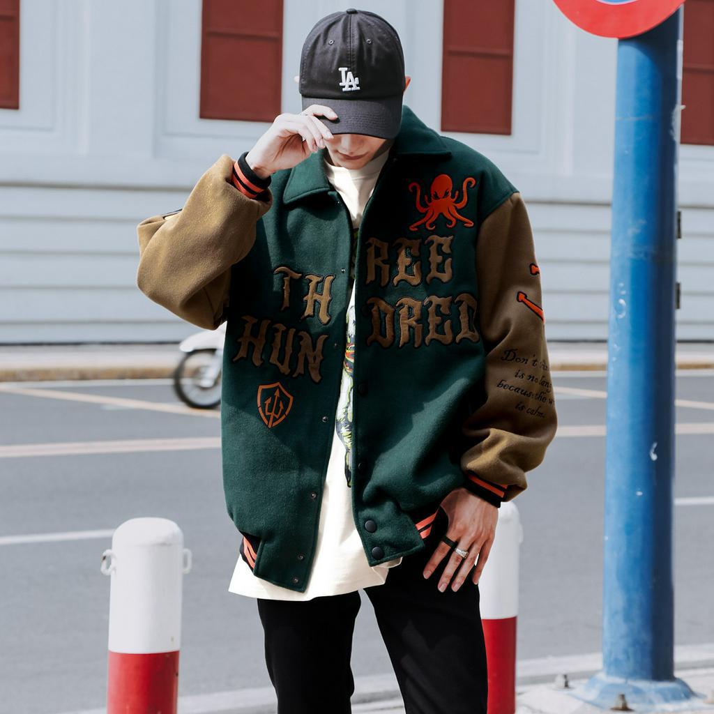 Áo Khoác Varsity Jacket Chất Liệu Dạ Dày Dặn Cổ Bẻ Form Rộng Thoải Mái Unisex Hình Thêu Sắc Nét Nâu Xanh