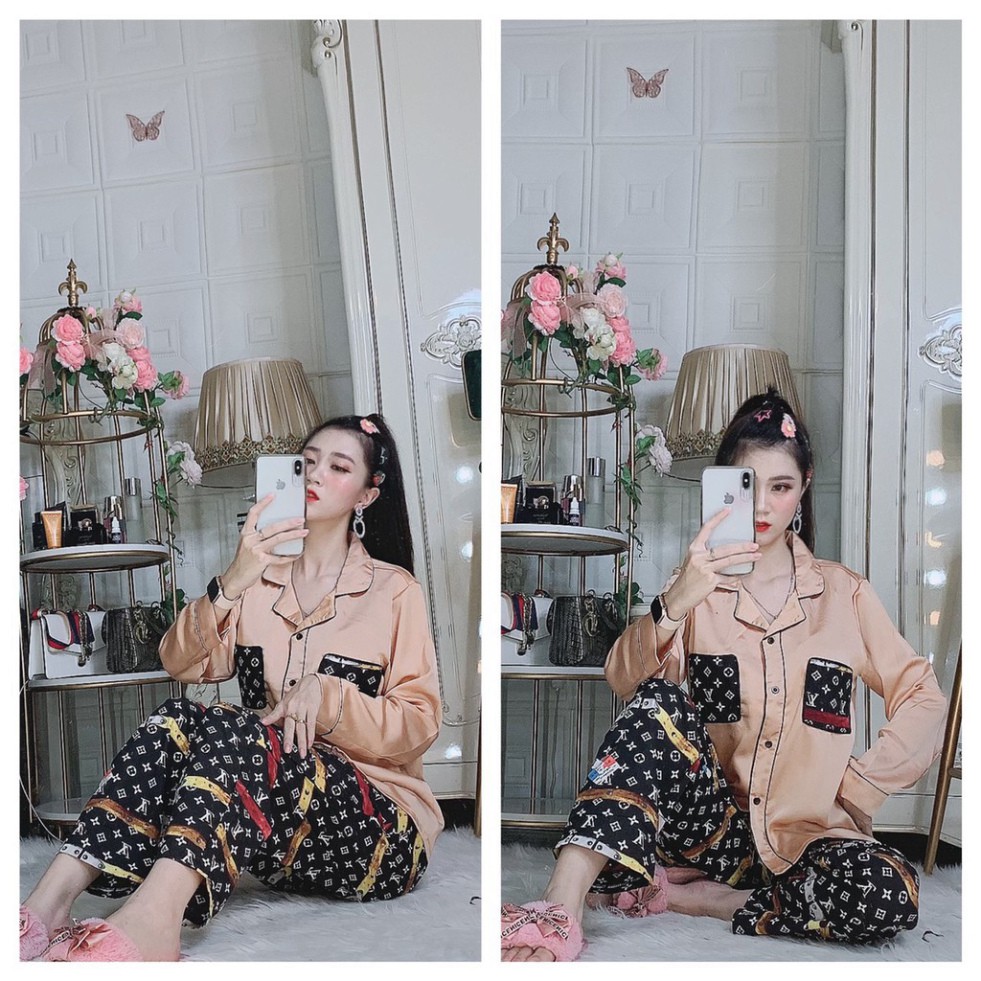 Bộ đồ ngủ, đồ bộ pijama lụa nữ mặc nhà satin hai túi áo tay dài quần dài free size 40kg đến 60kg