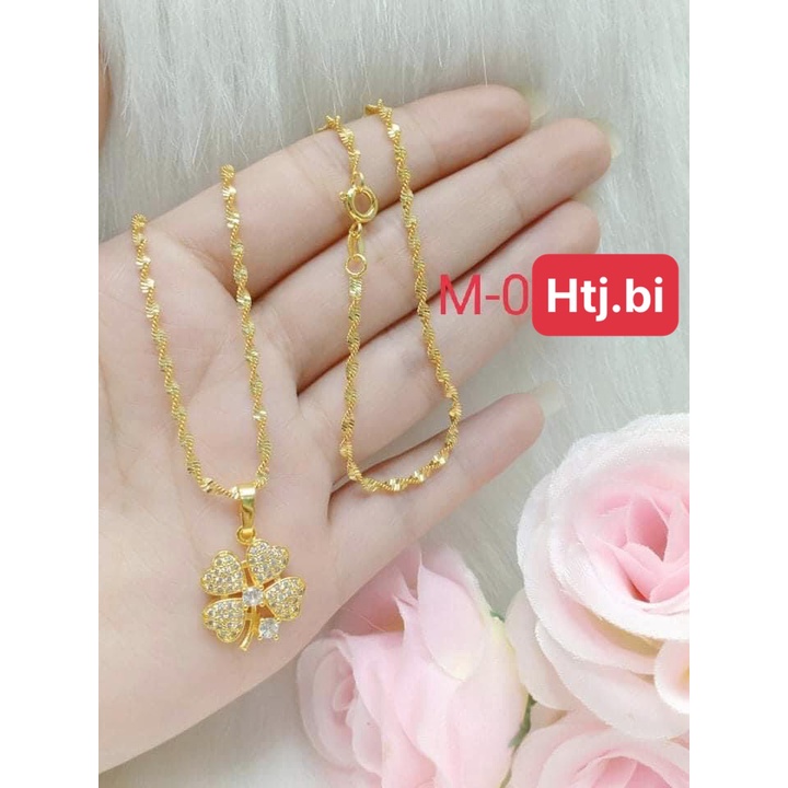 Dây chuyền nữ mạ vàng kiểu dây xoắn kèm mặt cỏ 4 lá xinh xắn may mắn htj