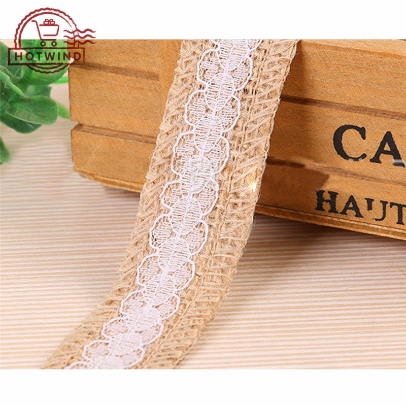 Cuộn ruy băng vải bố tự nhiên phối ren 2m dùng cho trang trí