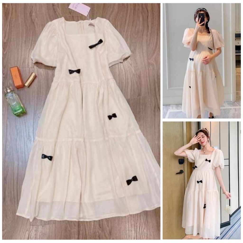 Đầm bầu ngắn tay cổ vuông gắn nơ M448 vải lụa tơ hai lớp freesize Mom and Baby