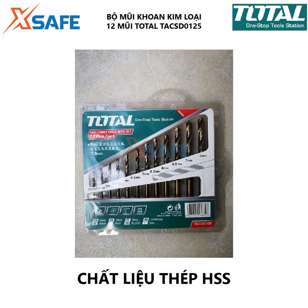 Bộ mũi khoan kim loại HSS 12 chi tiết TOTAL TACSD0125, dao phay ngón chất liệu thép HSS, khả năng chống mòn cao - xsafe