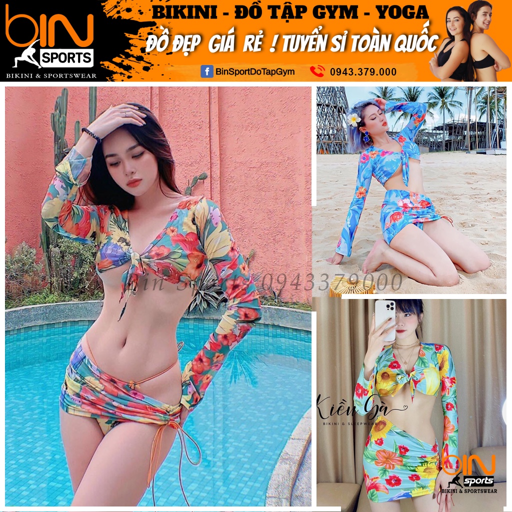 Đồ Bơi Nữ Đi Biển Hai Mảnh Quần Chip Tam Giác Aó Dài Tay Kèm Khăn  Freesize BHV153