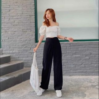 Áo croptop nhún thun sau và quần suông dài