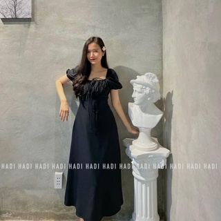 Đầm vải lụa rút ngực dáng middi - Thương