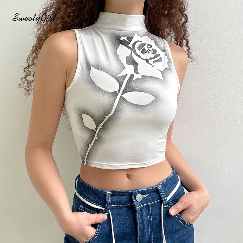 Áo Sát Nách Cổ Cao In Họa Tiết Hoa Hồng Màu Sắc Tương Phản Thời Trang Xinh Xắn Cho Nữ 2022