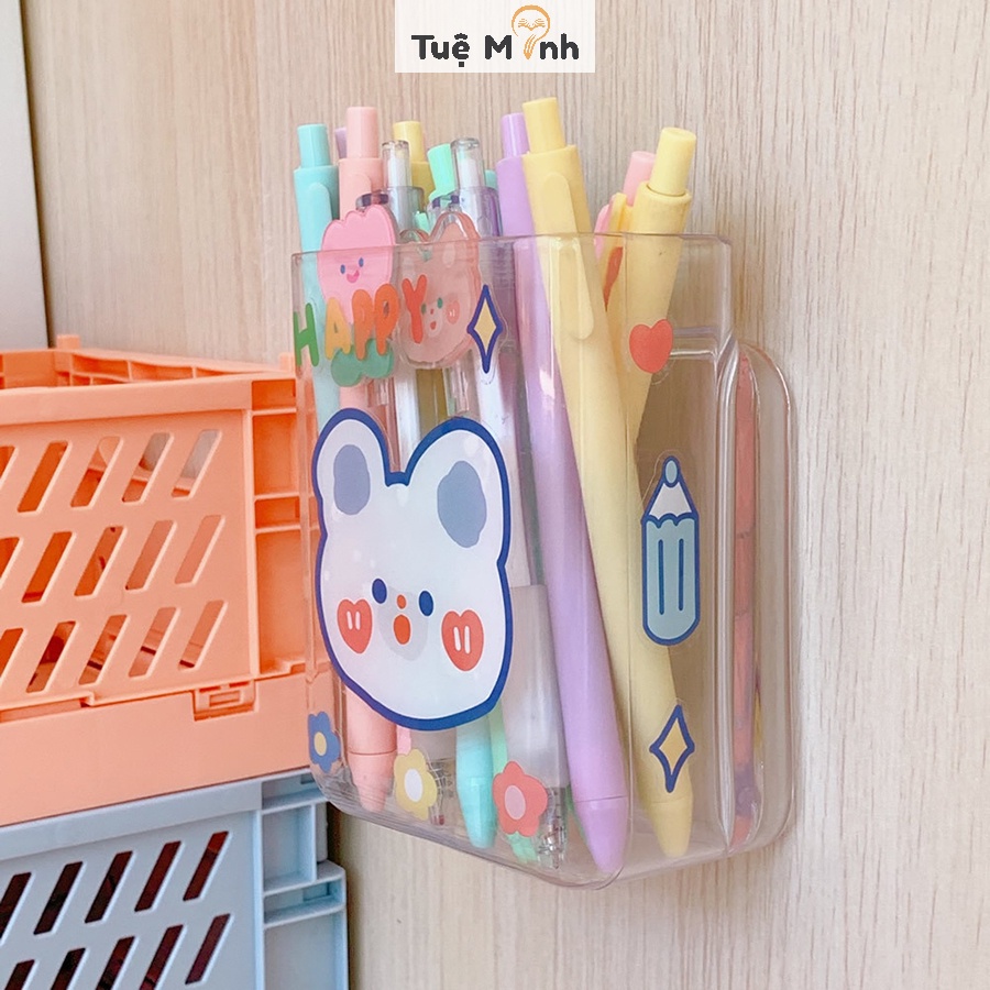 Hộp đựng bút trong suốt treo tường kèm sticker, ống đựng đồ decor đa năng K22