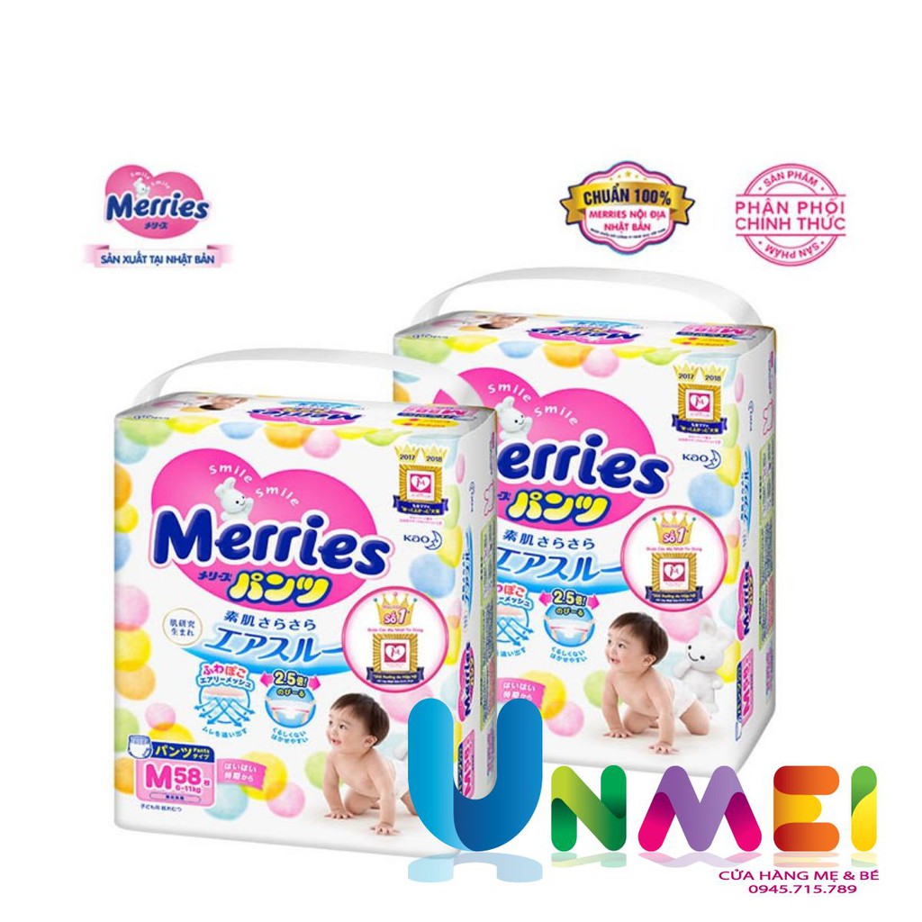 [Tặng Lật Đật Gỗ] Combo 2 Tã/bỉm quần Merries size M - 58 miếng (Cho bé 6 - 11kg)