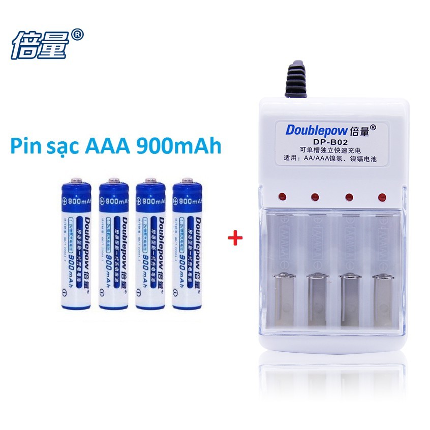 Combo bộ sạc pin đa năng Doublepow DP-B02 và 4 pin tiểu sạc AAA 900mAh lắp remote tivi ,điều hòa...
