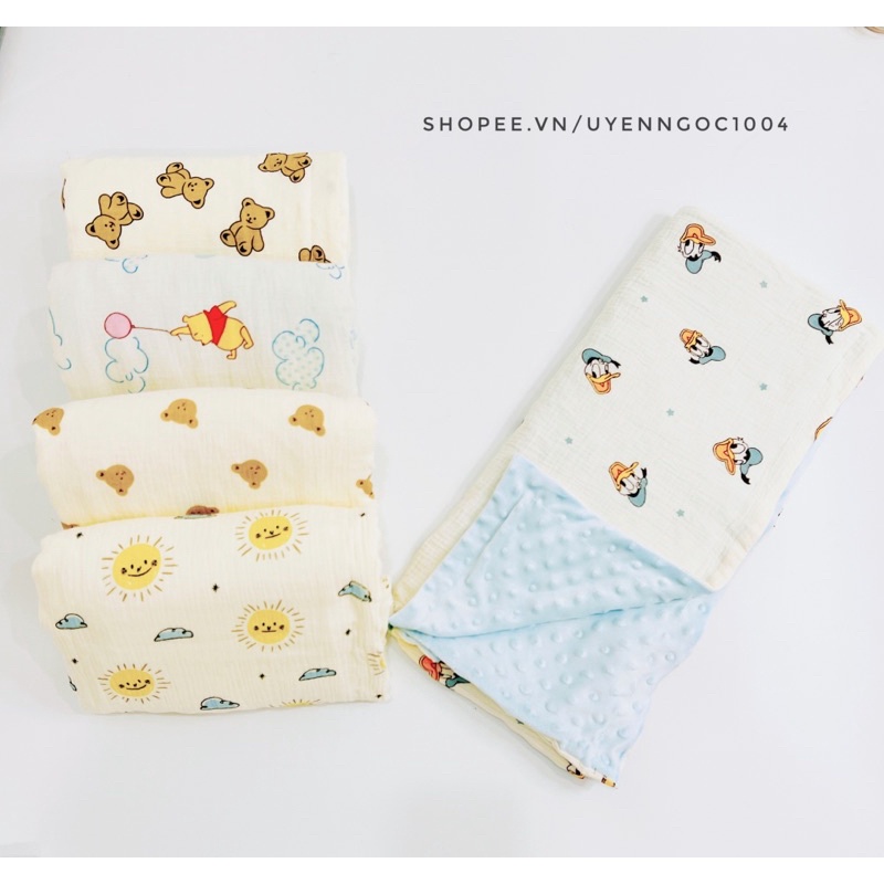Chăn xô muslin 2 mặt mix nhung hạt mềm mại, ấm áp ( sử dụng được cả mùa hè, mùa đông)