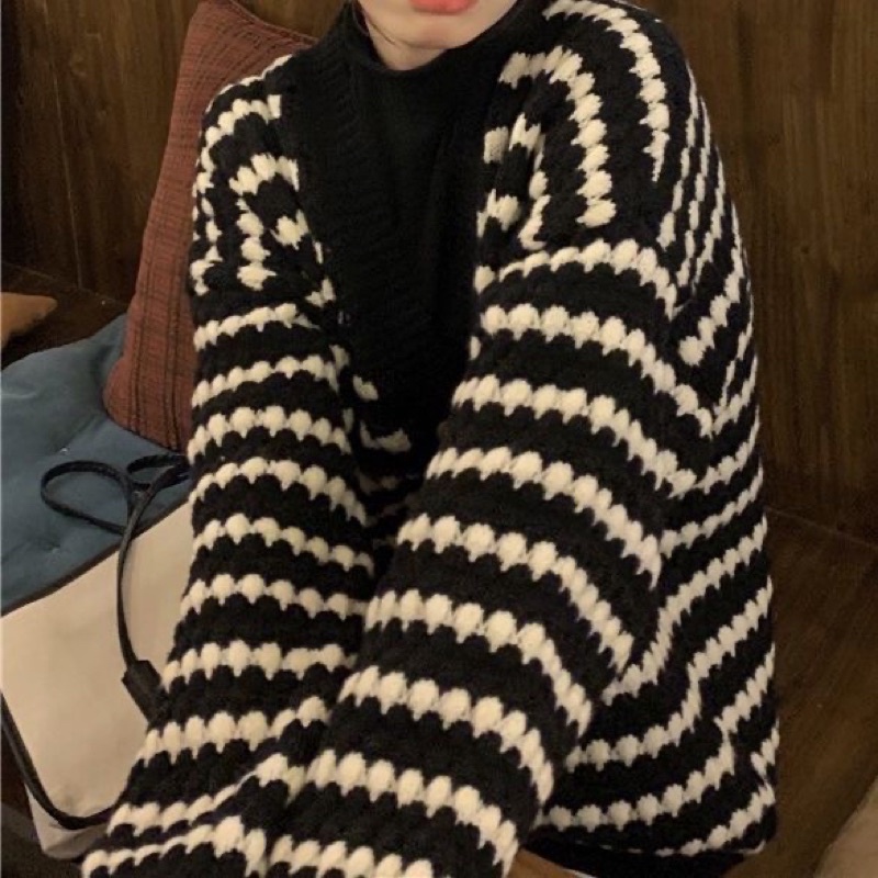 Áo Cardigan len kẻ phối đen trắng dáng rộng [50c đầu rẻ nhất] - CLG18