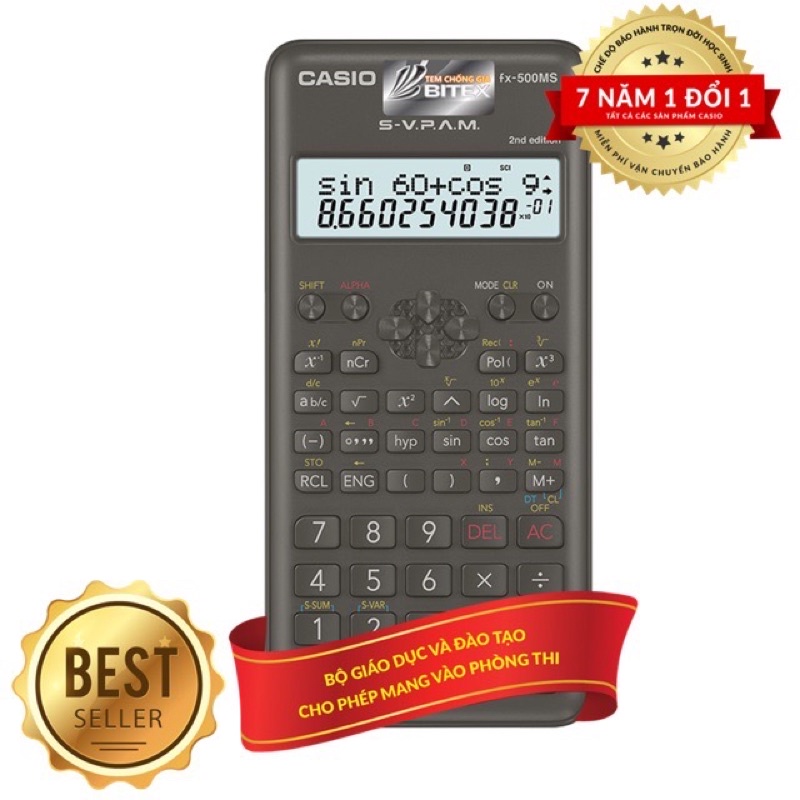 Máy tính học sinh Casio fx 500MS 2nd Edition, máy tính bỏ túi cho học sinh cấp 2 bảo hành 7 năm