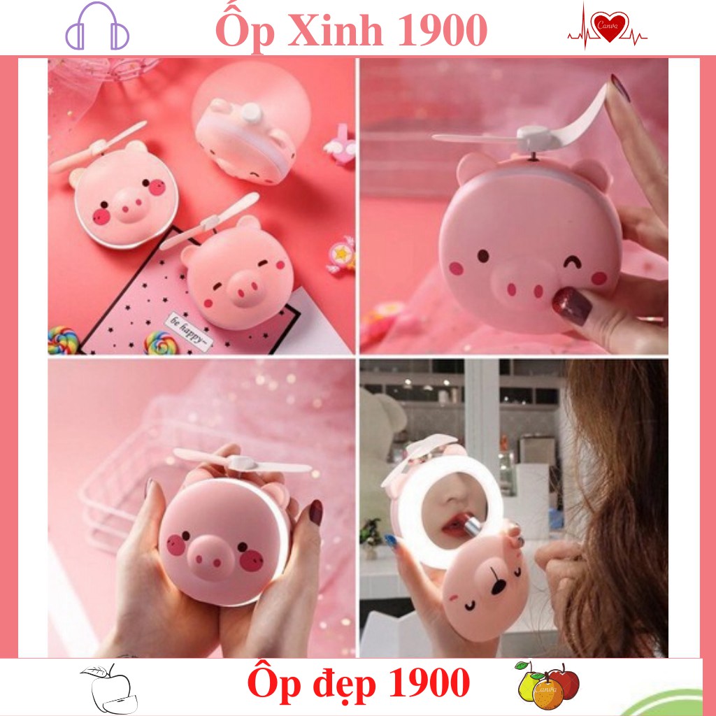 Quạt Gương và Đèn_ Quạt Mini Hình Heo 3 in1 Quạt+Gương+Đèn