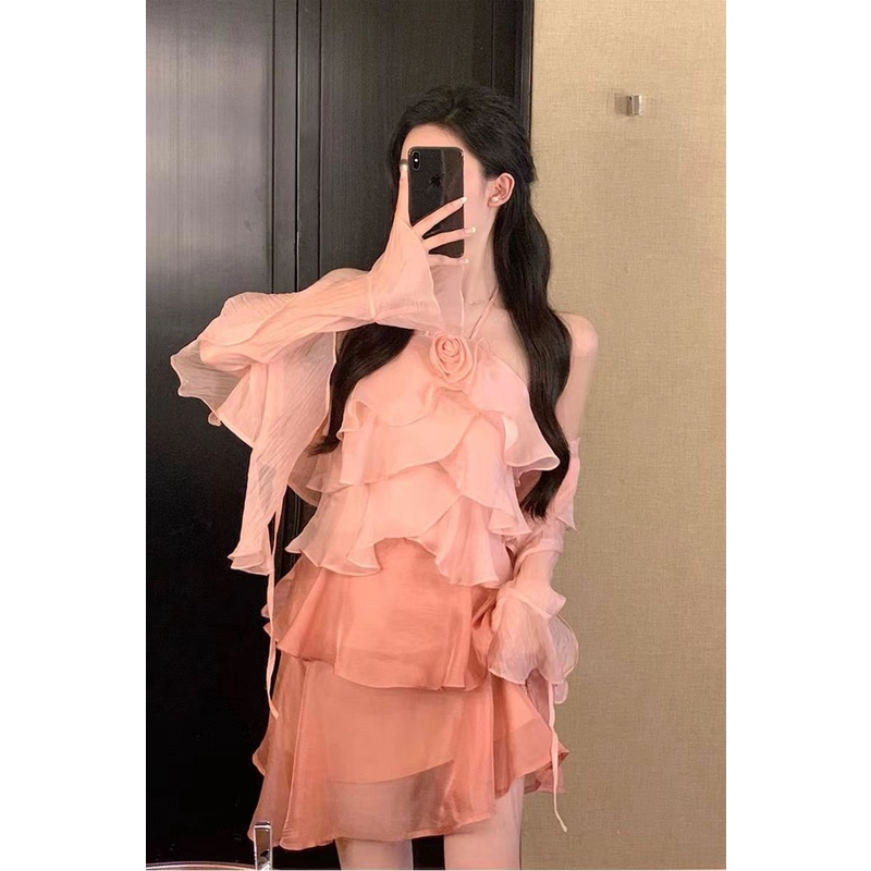 Đầm Hai Dây Nhún Bèo Màu Hồng Phong Cách Pháp Thanh Lịch Cho Nữ