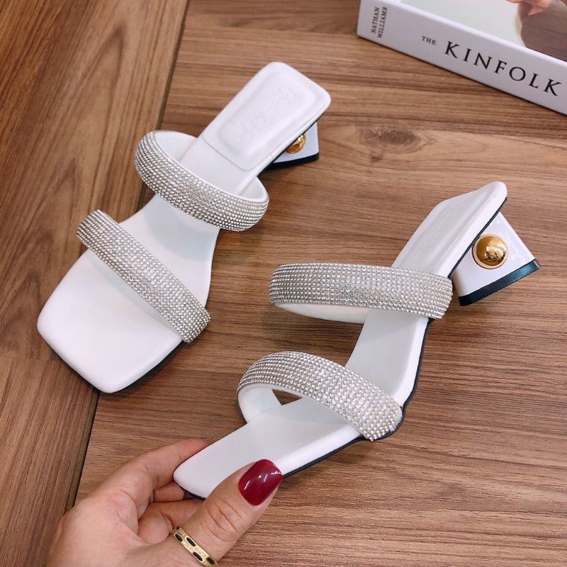 Guốc Nữ Cao 5 Phân Bản 2 Dây Đính Đá Gót Tam Giác Cao Cấp, Chất Da Siêu Mềm