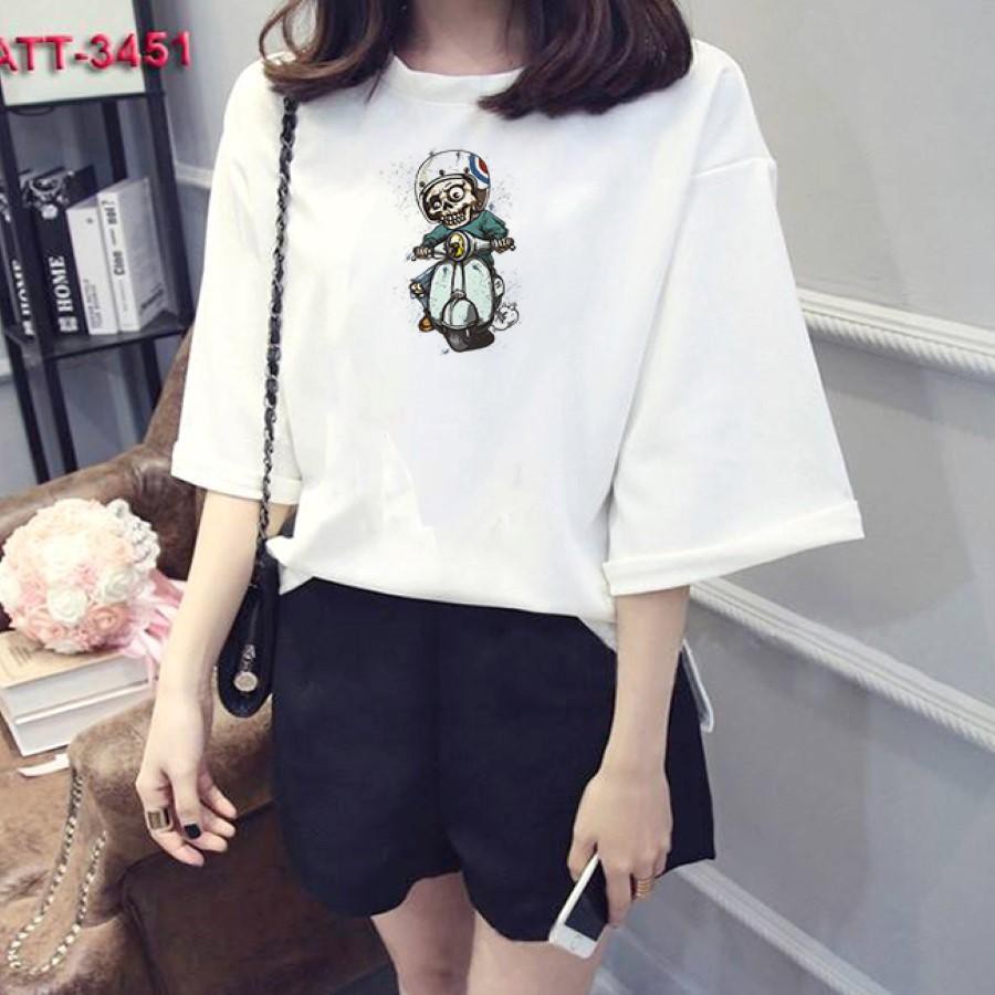 Áo thun nữ tay lỡ Hàn Quốc form rộng in hình đầu lâu đi xe vài dày mịn TEEWOTL63