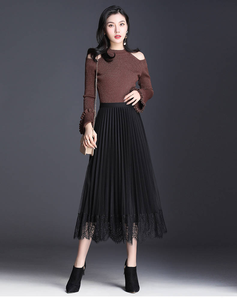 Chân váy BH lưng cao dáng dài xếp ly phối ren xinh xắn cho nữ