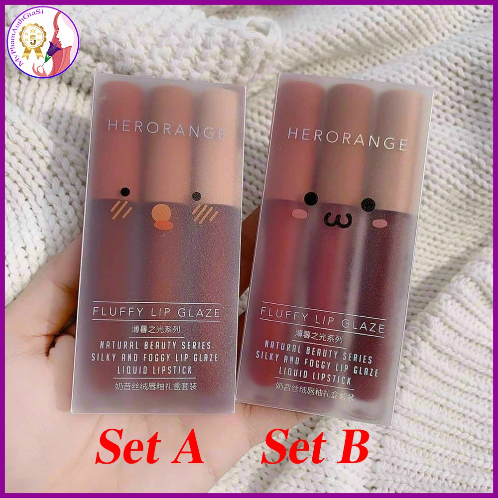 Son kem lì herorange siêu xinh mềm - mịn mượt - lâu trôi - an toàn fluffy lip glaze set 3 cây - set a &amp; b - hàng auth