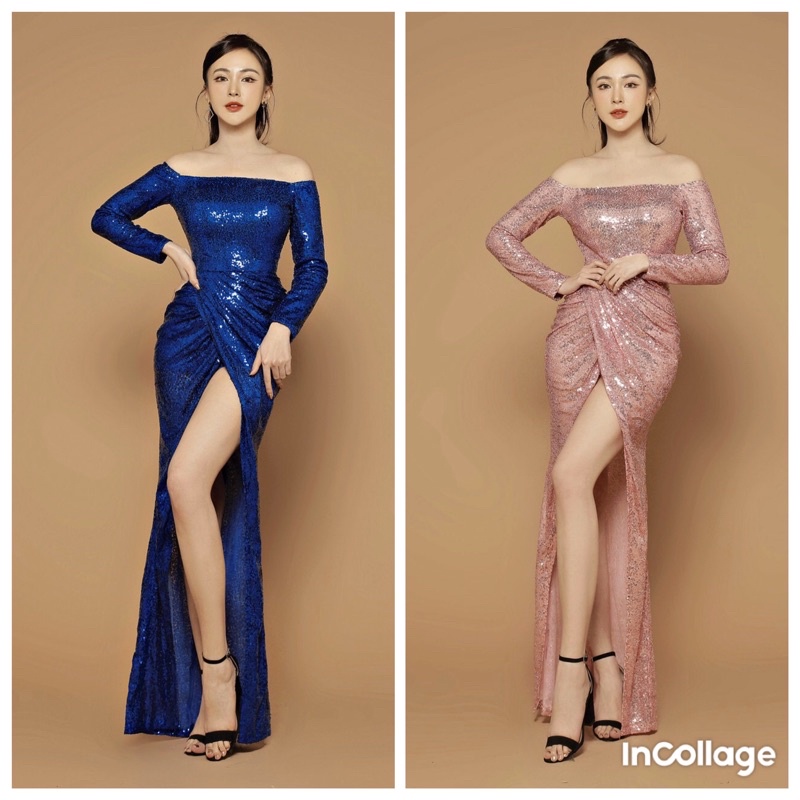 Đầm dạ hội kim sa trễ vai tay dài cao cấp (đầm dự tiệc cao cấp) tặng hoa tai thời trang