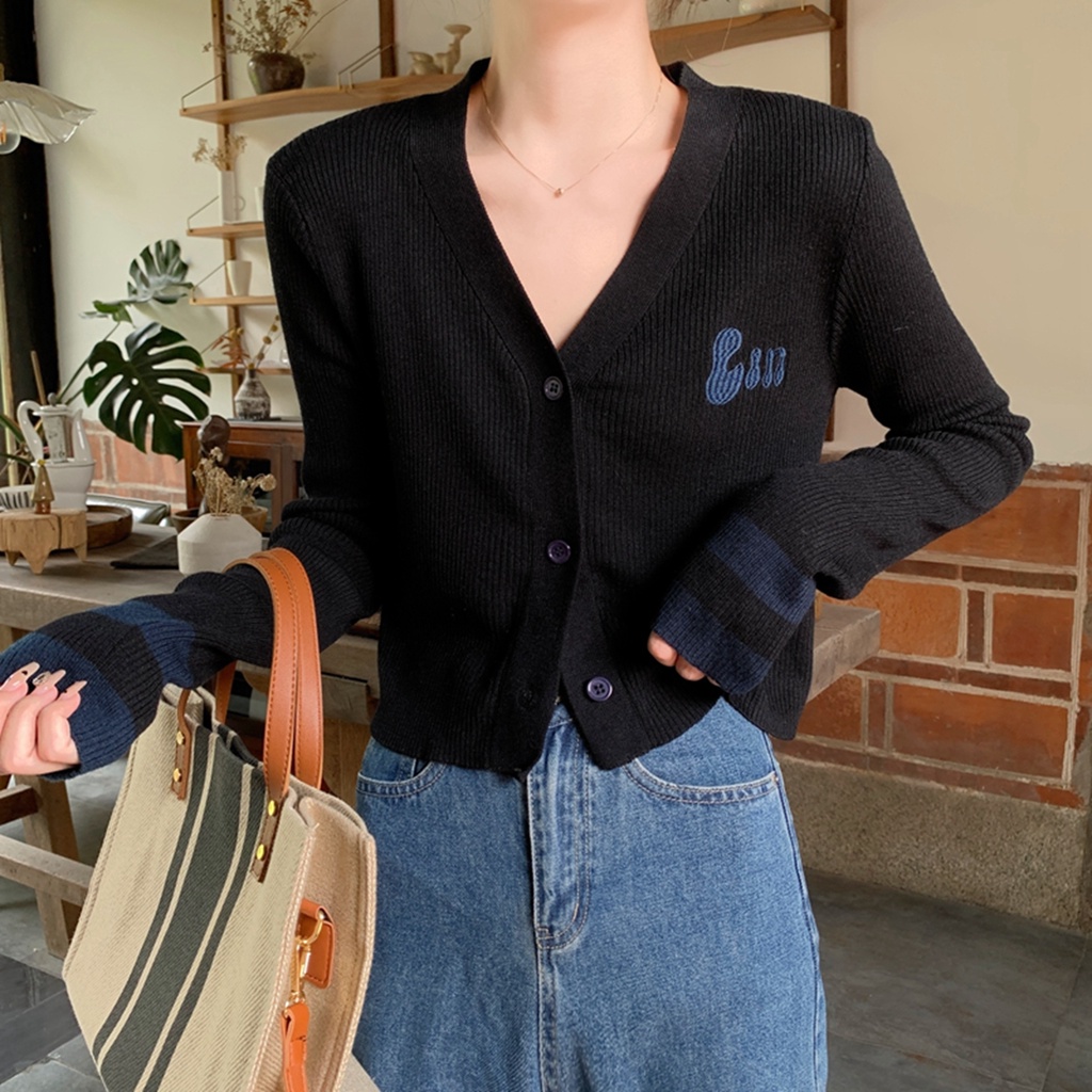 Áo khoác cardigan dệt kim ZHELIHANGFEI tay dài cổ V họa tiết thêu đơn giản dễ phối đồ