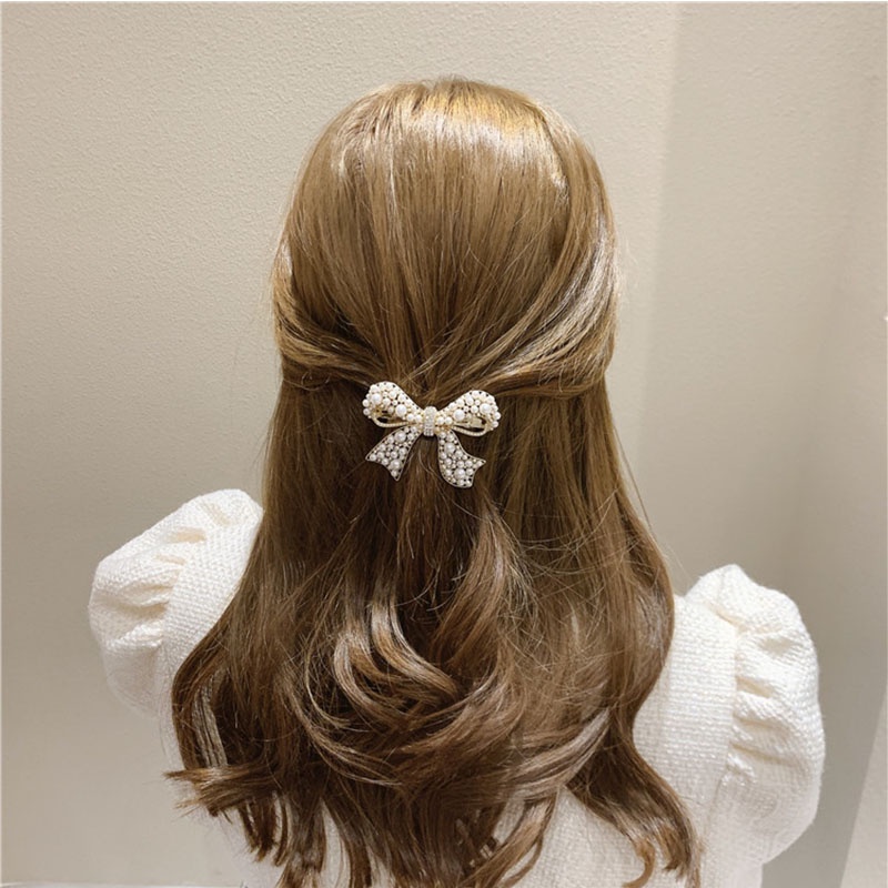 Kẹp tóc hình nơ đính ngọc trai nhân tạo phong cách Hàn Quốc dễ thương