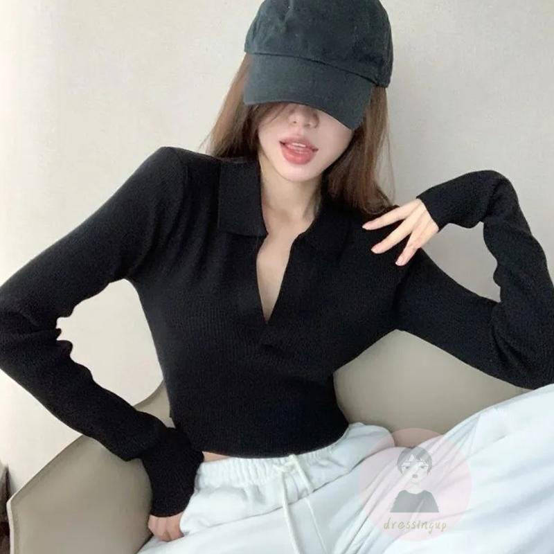 Áo Croptop Dệt Kim Tay Dài Cổ Chữ V Màu Sắc Đơn Giản Cho Nữ