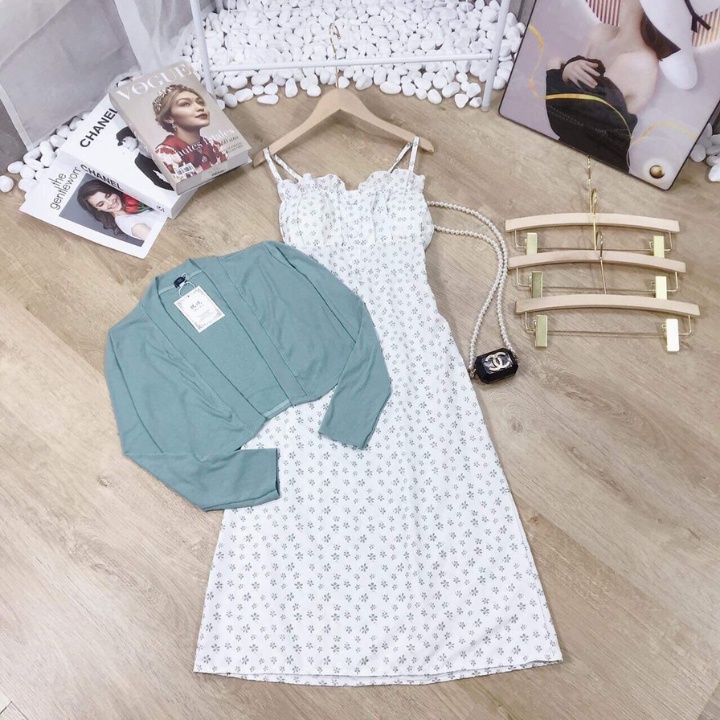 Váy hoa nhí - Đầm 2 dây dáng dài mix áo khoác cadigan phong cách trẻ trung,xinh đẹp cực dễ thương sam_sam_shop_1011