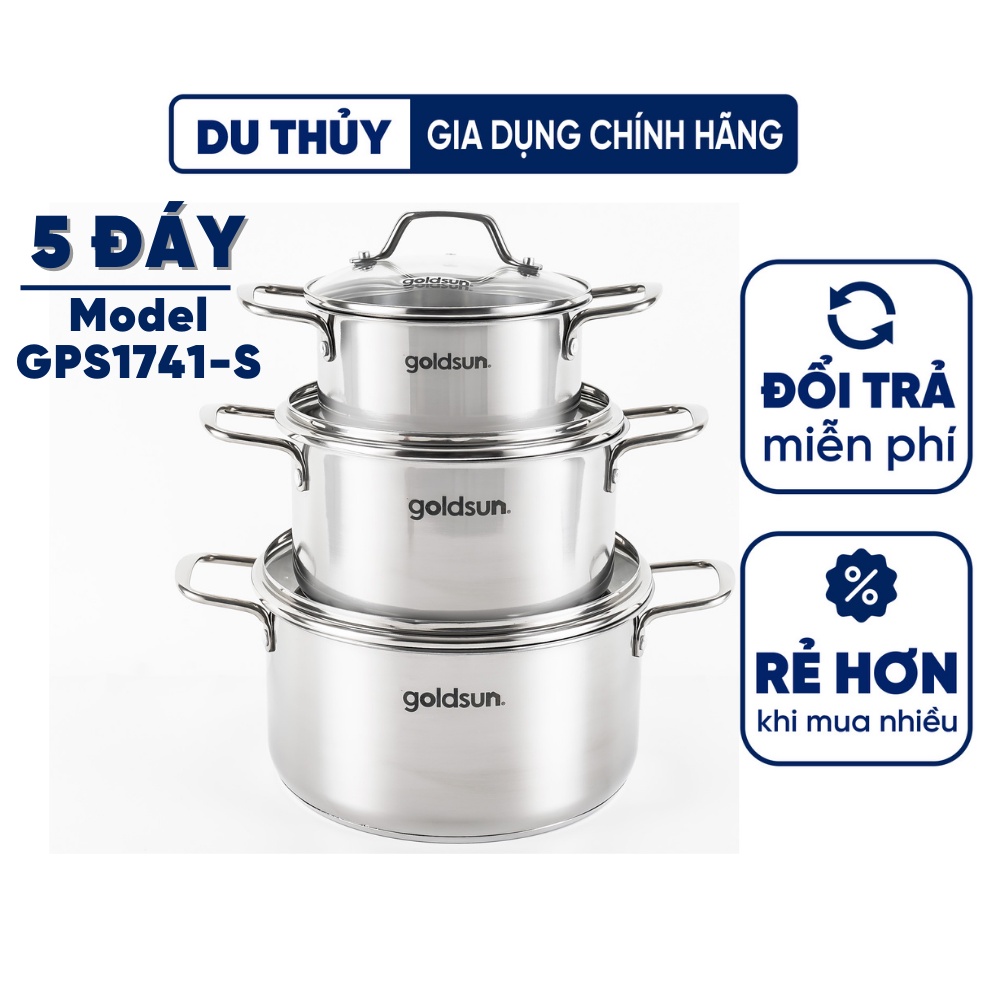 Bộ nồi inox đáy từ Goldsun chính hãng, nồi 5 đáy dày dặn, nắp kính trong suốt, chất liệu inox 430 an toàn cho sức khỏe