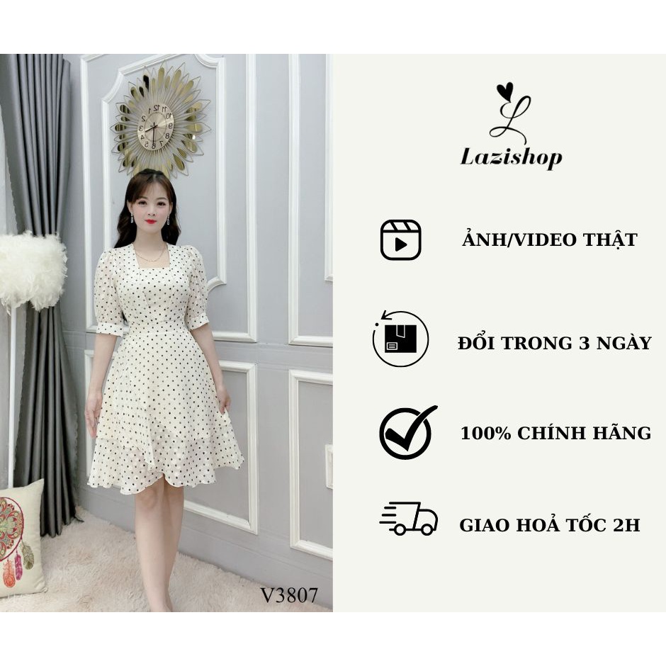 Váy tơ chấm bi tay lỡ cổ vuông chân váy xoè nhẹ LAZI - V3807