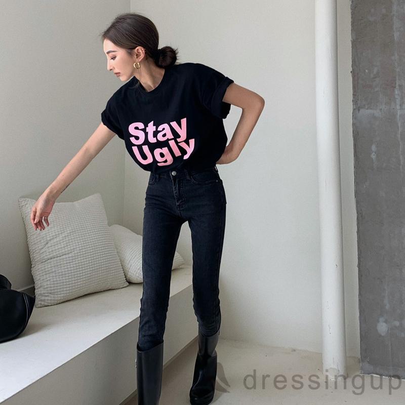 DRE-Women Summer Short Sleeve T-shirts,Letter Print Loose Casual Tops