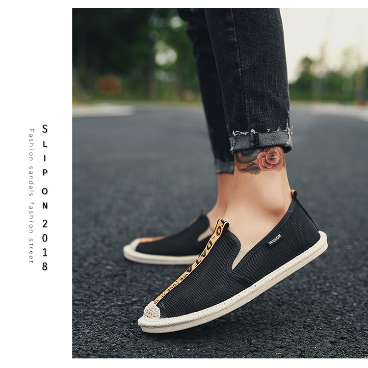 Slip on nam - Giày lười vải nam cao cấp - Vải lưới đen sọc vàng - Mã SP 2912 | BigBuy360 - bigbuy360.vn