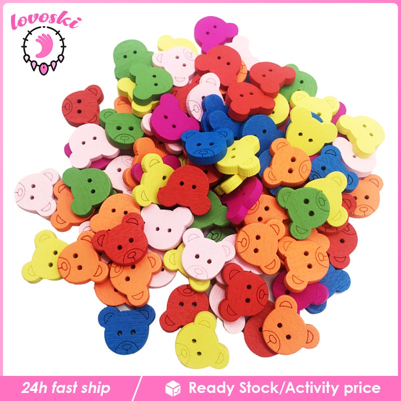 Bộ 100 Nút Gỗ Hình Gấu Nhiều Màu Sắc Dùng Trang Trí Scrapbook DIY
