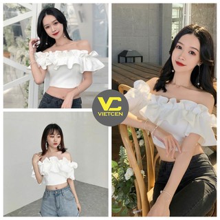 Áo trễ vai croptop tay ngắn VIETCEN áo hở vai bèo tiểu thư màu trắng chất voan lụa mềm mát