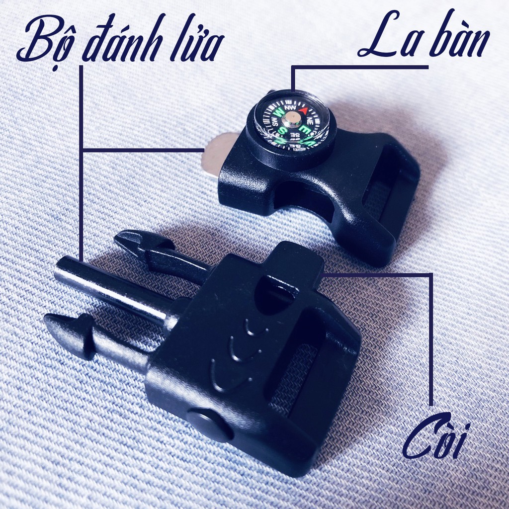 khóa bấm paracord có la bàn, còi, đánh lửa làm vòng tay sinh tồn