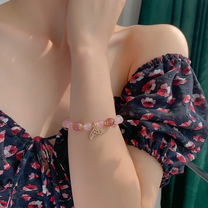 OIMG  Vòng Tay Chuỗi Hạt Pha Lê Hồng Hình Đuôi Cá Cho Nữ