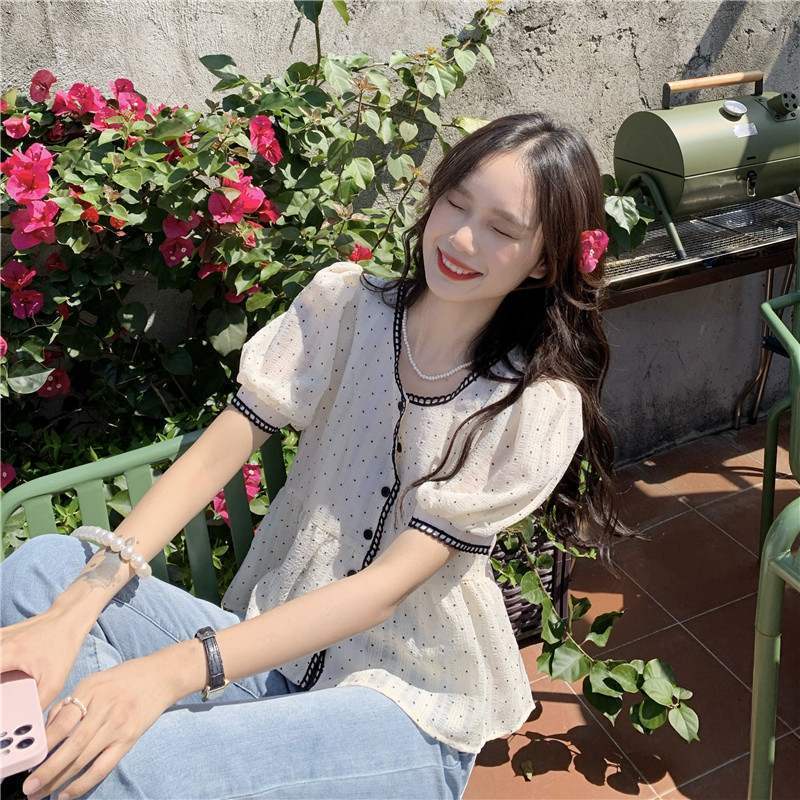 Áo Sơ Mi Tay Phồng Họa Tiết Chấm Bi Thời Trang Hàn Quốc