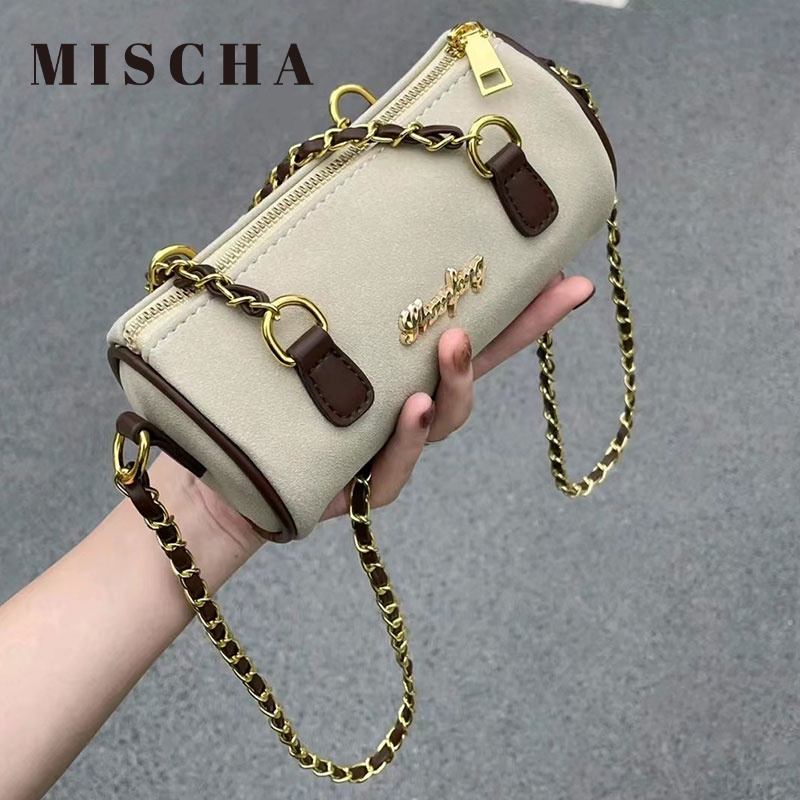 Mischa Túi Đeo Chéo Da PU Hình Trụ Mềm Màu Trơn Phối Dây Xích Thời Trang retro